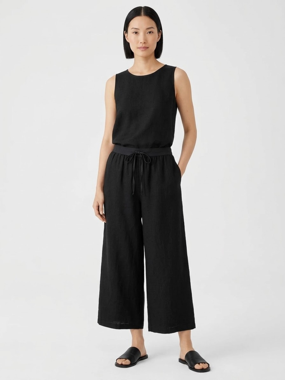 Flax Black Linen Drawstring Croppef Wide Leg Pants Size Small